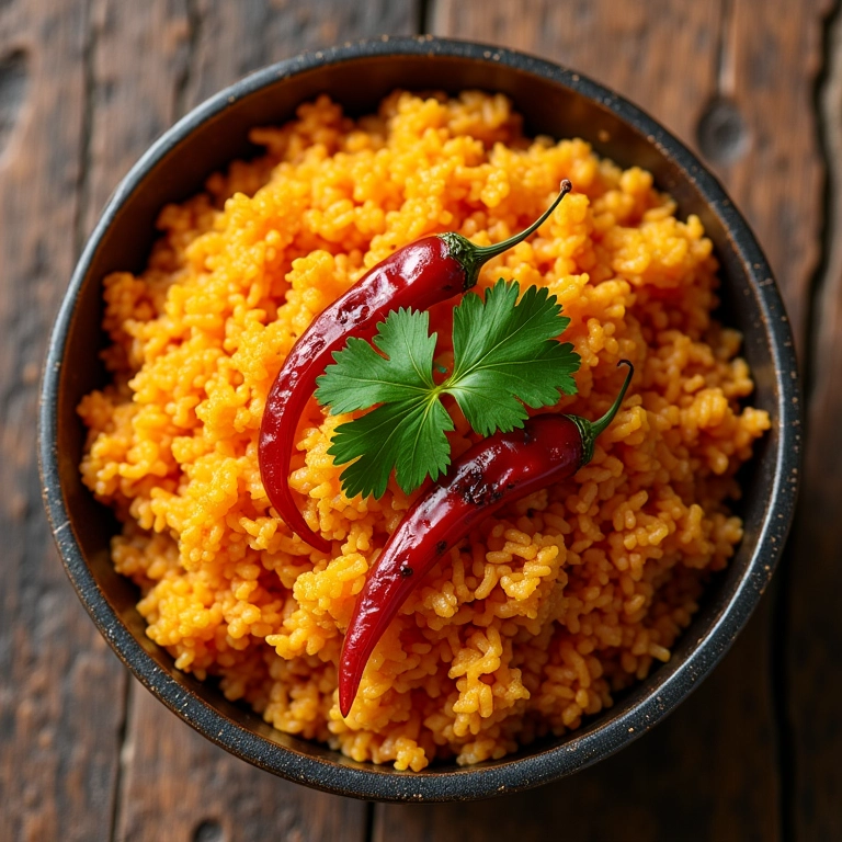 Arroz picante com pimenta malagueta servido em mesa de madeira rústica.
