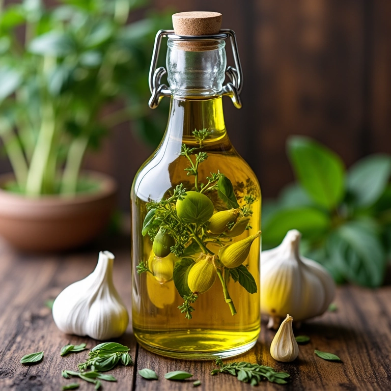 Azeite aromatizado com alho e ervas finas em garrafa de vidro.