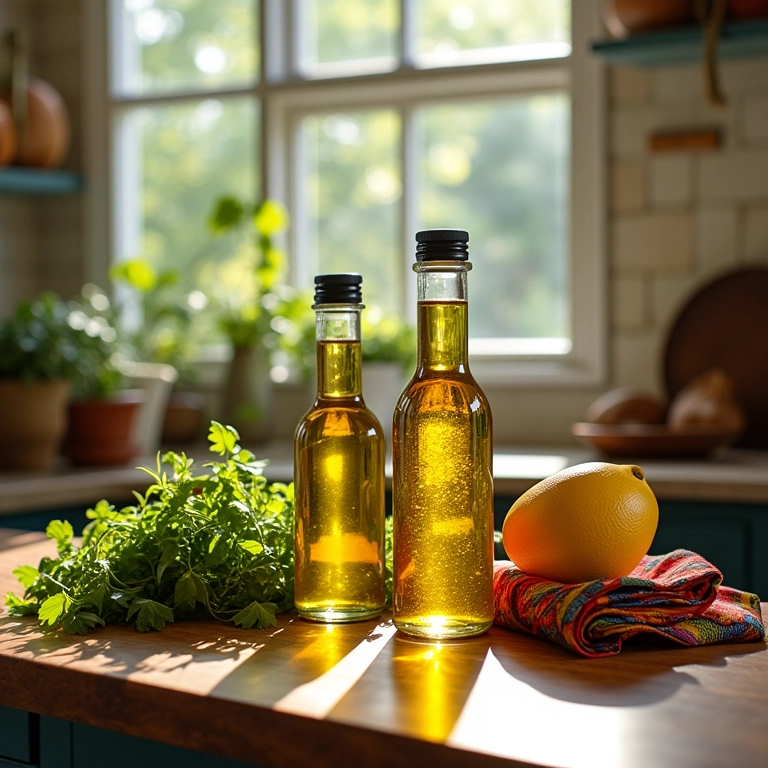 Azeites aromatizados caseiros em garrafas decorativas sobre balcão ensolarado.