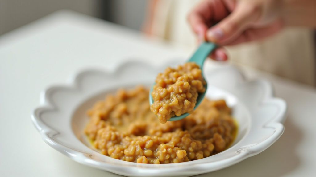 Baby food preparation: mashed lentils on a spoon, soft focus, pastel colors, natural light, 8k, Purê de lentilha para bebê.