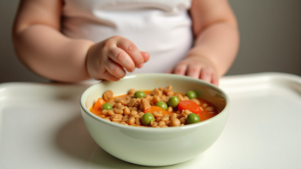 Baby food with lentils and vegetables, soft colors, natural light, healthy baby food, 8K quality, Comida de bebê com lentilha e vegetais.
