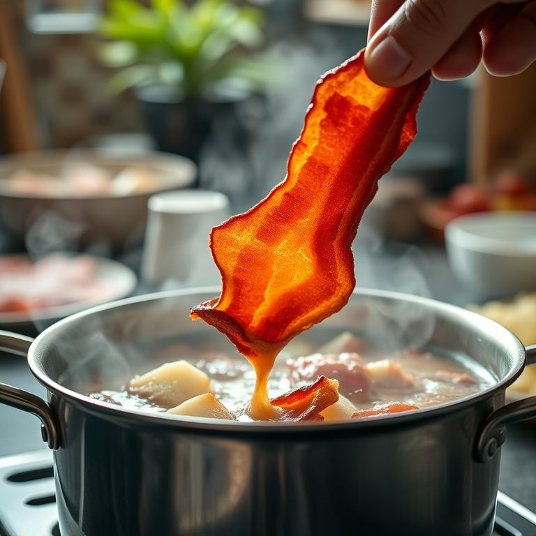 Bacon sendo adicionado ao feijão para dar sabor.