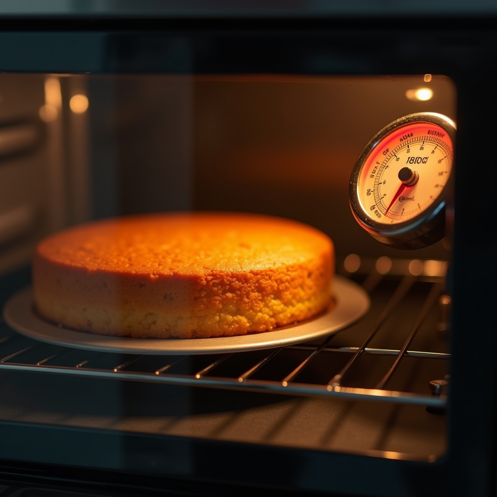 Baking orange cake in oven, thermometer showing 180°C, warm light, Brazilian kitchen, 8K quality, Bolo de laranja assando na temperatura ideal.