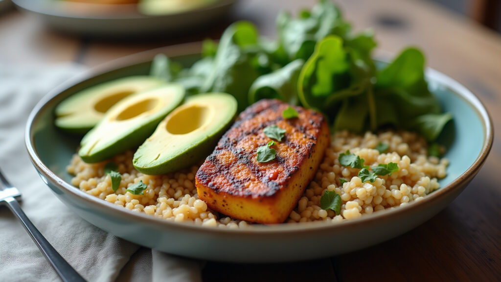 Balanced diet featuring grilled tofu steak, quinoa, avocado, and mixed greens. Natural light, 8K Prato equilibrado com bife de tofu grelhado, quinoa e abacate.
