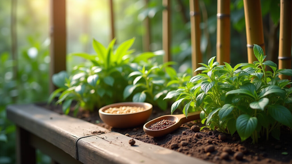 Bamboo raised garden, natural light, zen atmosphere, herbs and spices, lifestyle photography, 8K. Horta elevada feita com bambu, com um toque leve e natural.
