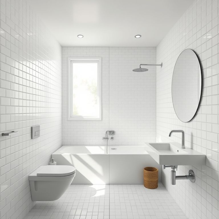 Banheiro clean e minimalista com pastilhas brancas e design moderno.