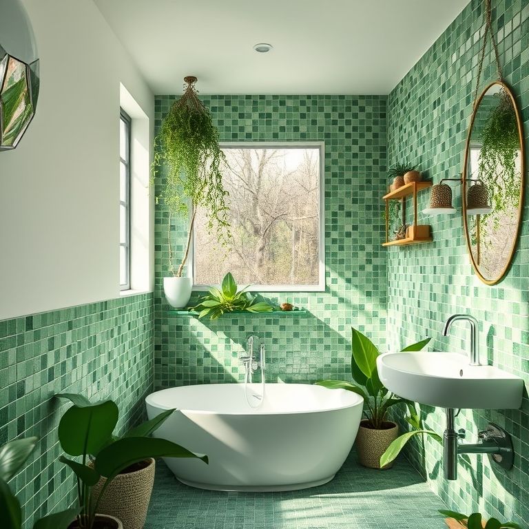 Banheiro com pastilhas verdes, plantas e luz natural abundante.