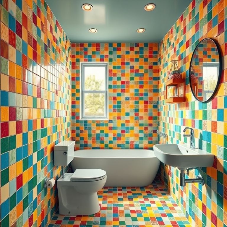Banheiro divertido e alegre com pastilhas multicoloridas.