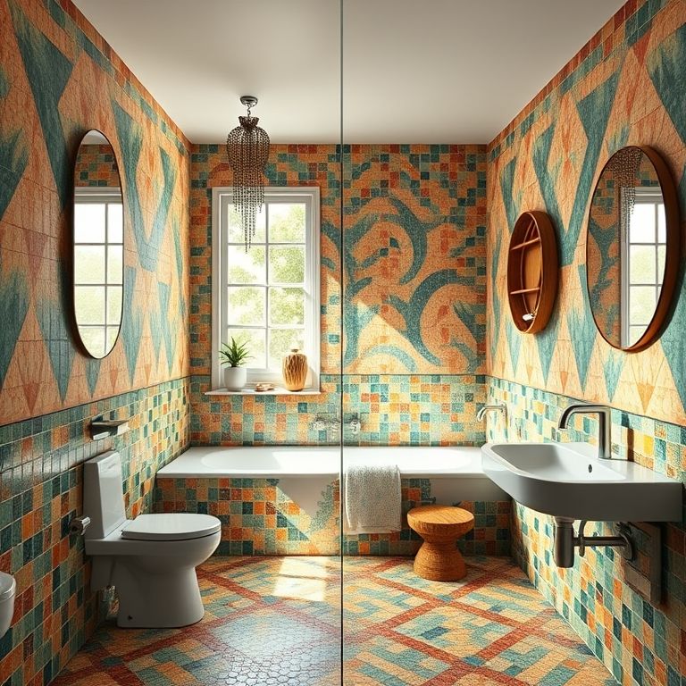Banheiro moderno com pastilhas coloridas vibrantes e decoração brasileira.