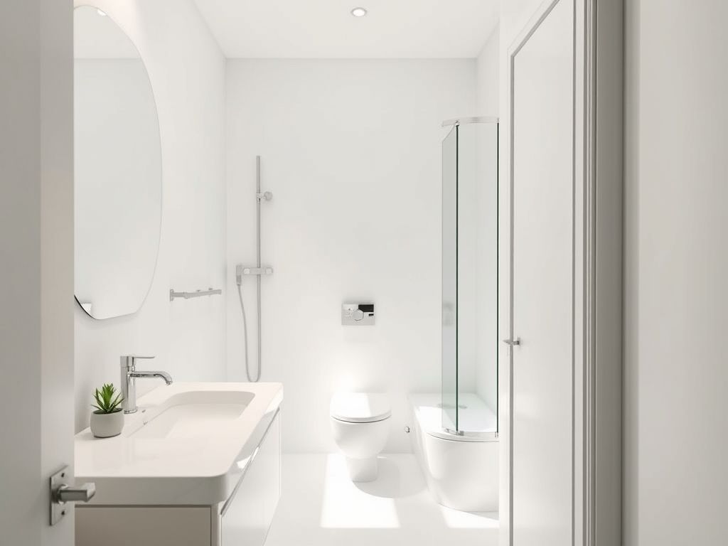 Banheiro pequeno decorado em estilo minimalista com cores claras, linhas retas e poucos objetos, transmitindo paz e organização.