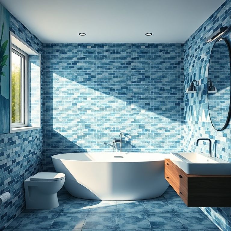 Banheiro relaxante com pastilhas azuis e iluminação natural suave.
