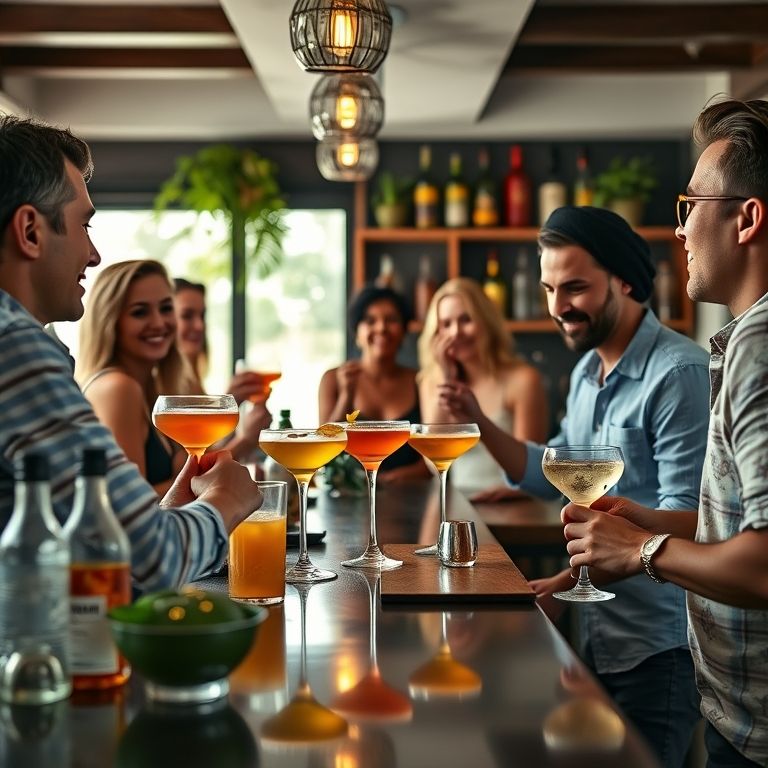 Bar em casa decorado com estilo brasileiro, amigos reunidos bebendo drinks.