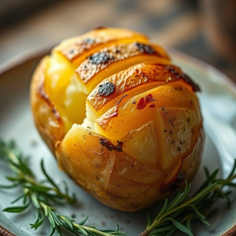 Batata assada com ervas, close-up detalhado da textura e cor.