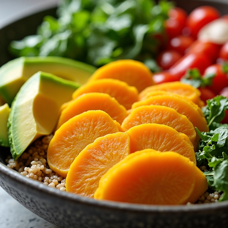 Batata Doce em tigela colorida com quinoa e abacate.