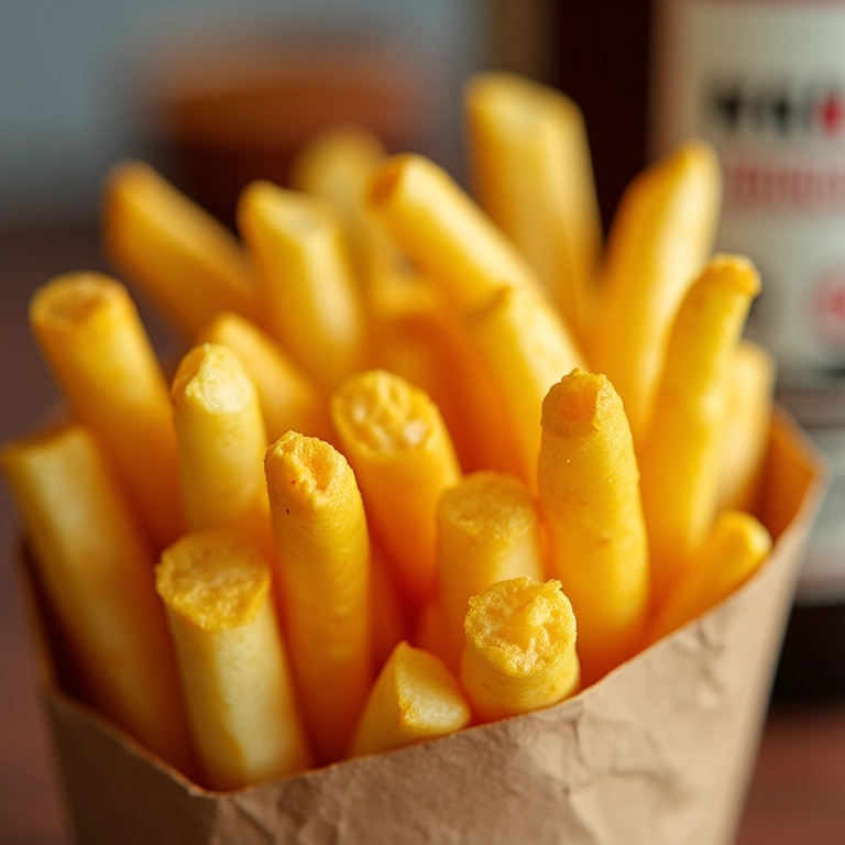 Batata frita crocante, com alerta sutil sobre a contaminação do óleo.