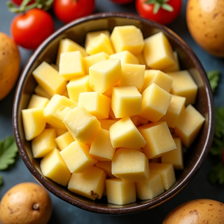 Batata Inglesa cortada em cubos em cozinha colorida.