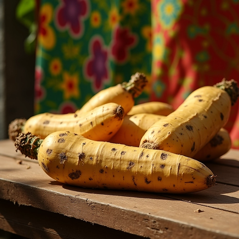 Batata Yacon fresca em mesa de madeira rústica com luz natural.