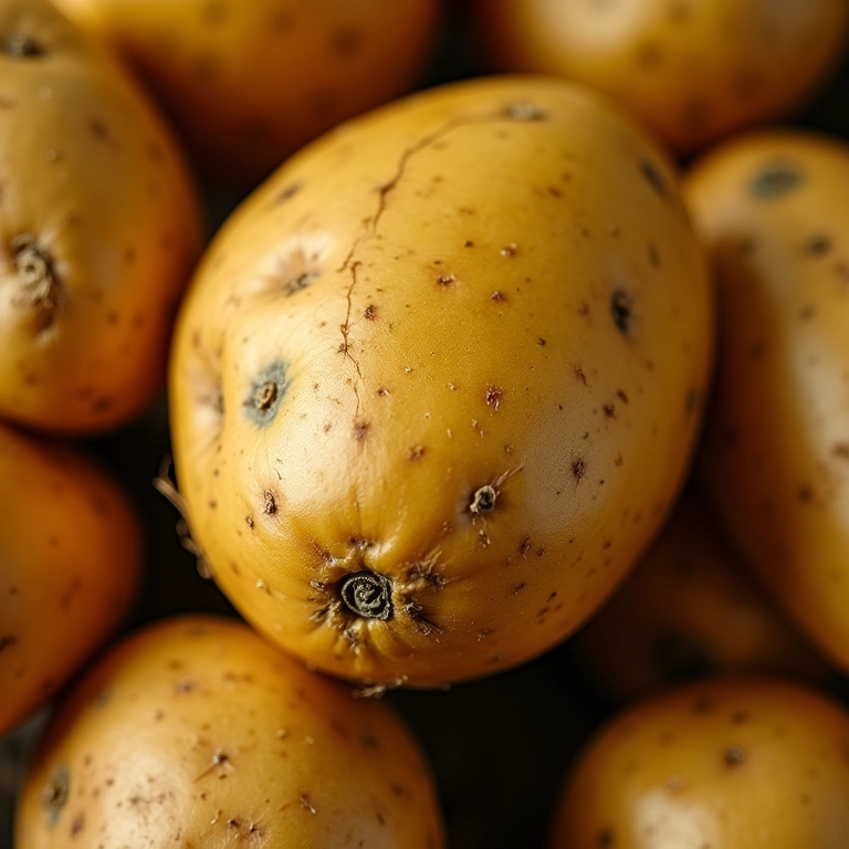 Batatas colhidas com manchas verdes devido a contusões e armazenamento inadequado.