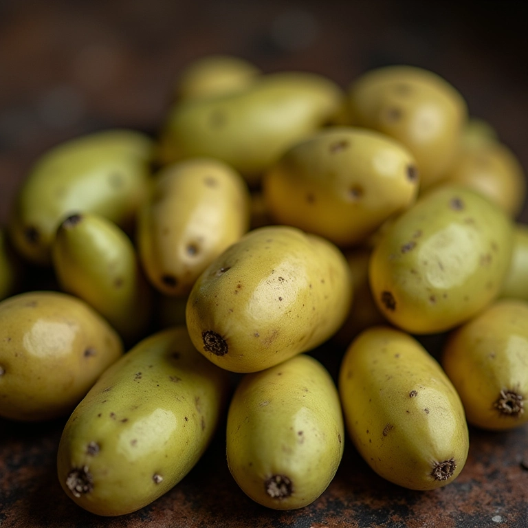 Batatas com tonalidade esverdeada em uma cozinha rústica brasileira.