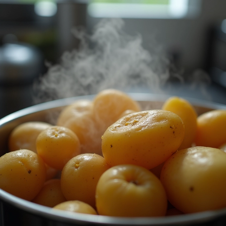 Batatas cozinhando em uma panela de pressão moderna, com vapor escapando.