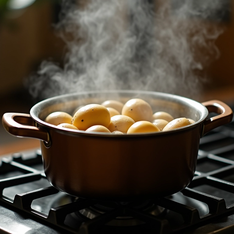 Batatas cozinhando em uma panela fumegante sobre um fogão em uma cozinha colorida.