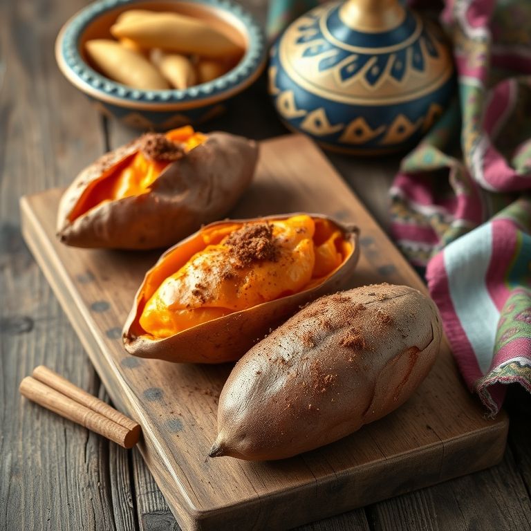 Batatas doces assadas com canela em mesa rústica de madeira.