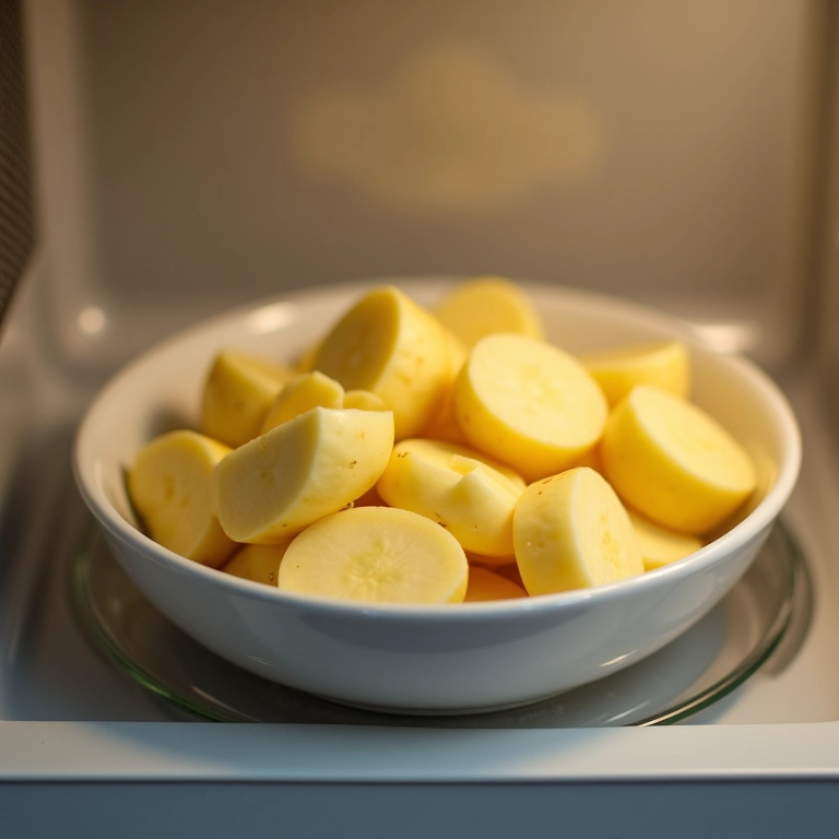 Batatas fatiadas em um recipiente próprio para micro-ondas, prontas para cozinhar.
