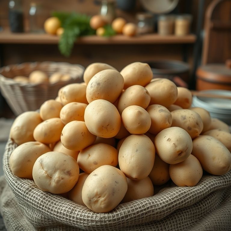 Batatas frescas em um saco de juta em uma cozinha rústica.