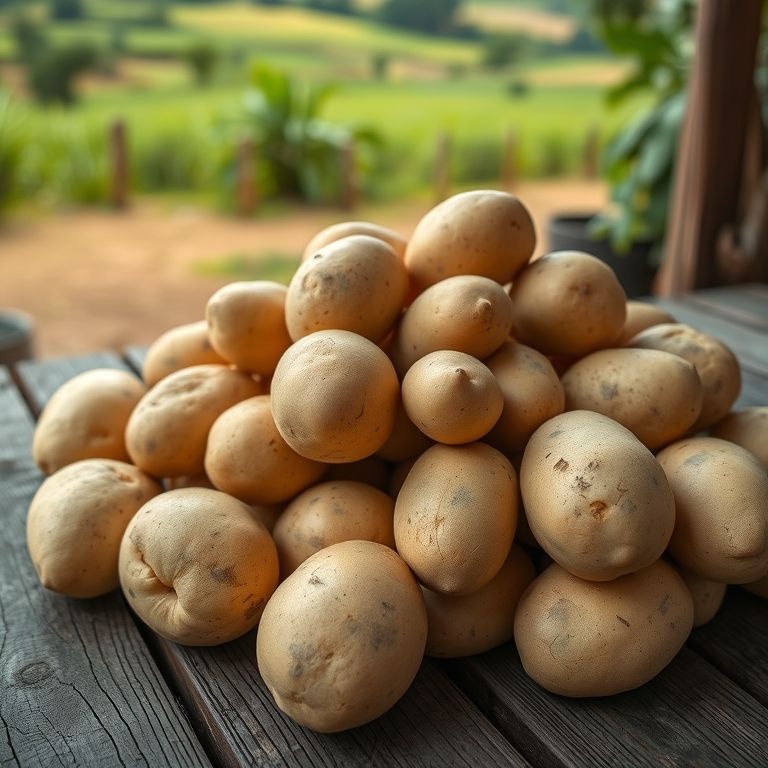 Batatas inglesas frescas empilhadas sobre mesa de madeira rústica, prontas para o preparo.