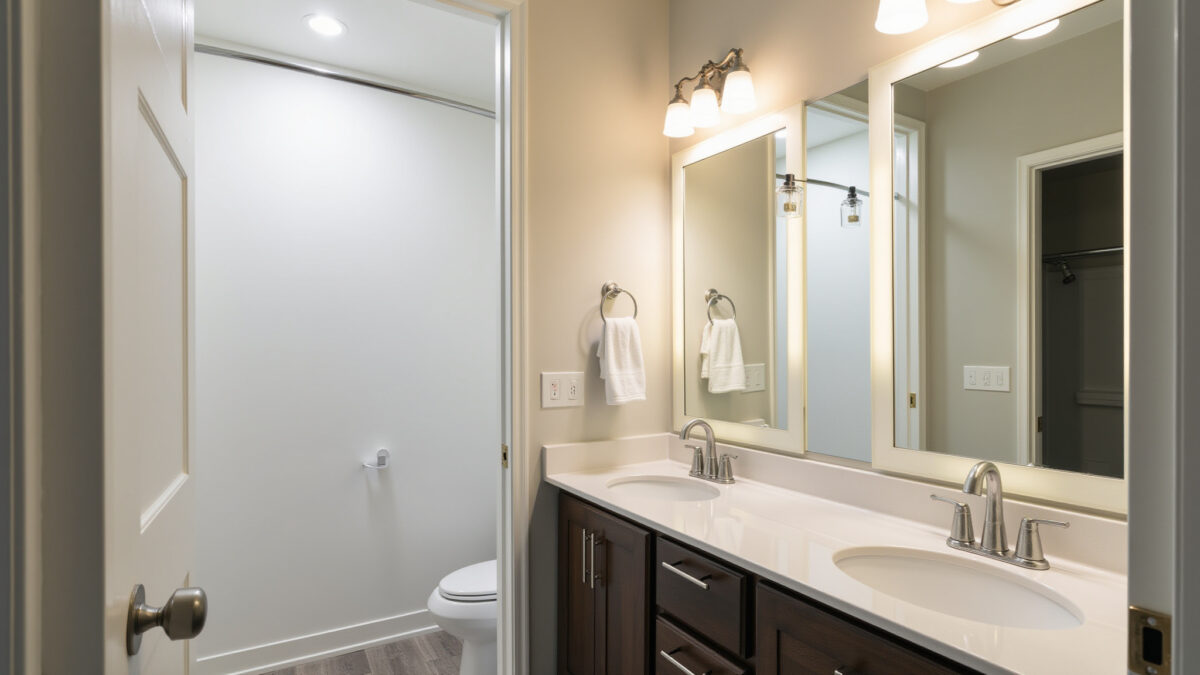 Bathroom with functional lighting, vanity lights, modern style, clean, professional photography, Banheiro com iluminação funcional e arandelas laterais ao espelho.