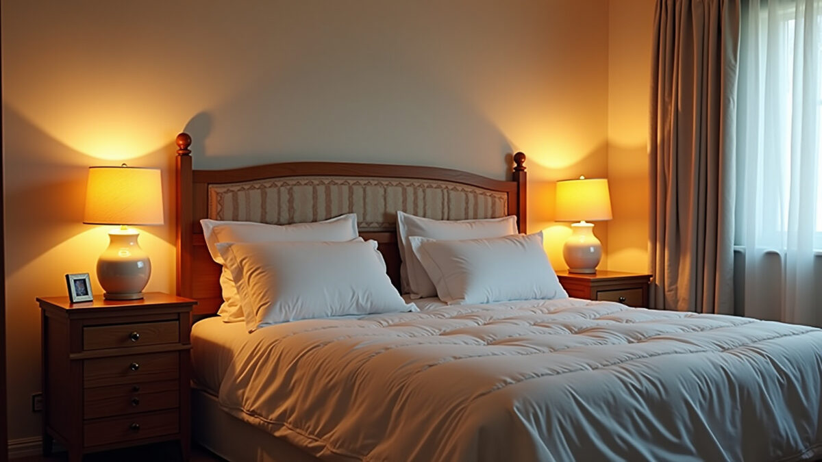 Bedroom with soft lighting, bedside lamps, warm colors, relaxing atmosphere, lifestyle photography, Quarto com iluminação suave, abajures e cores quentes.