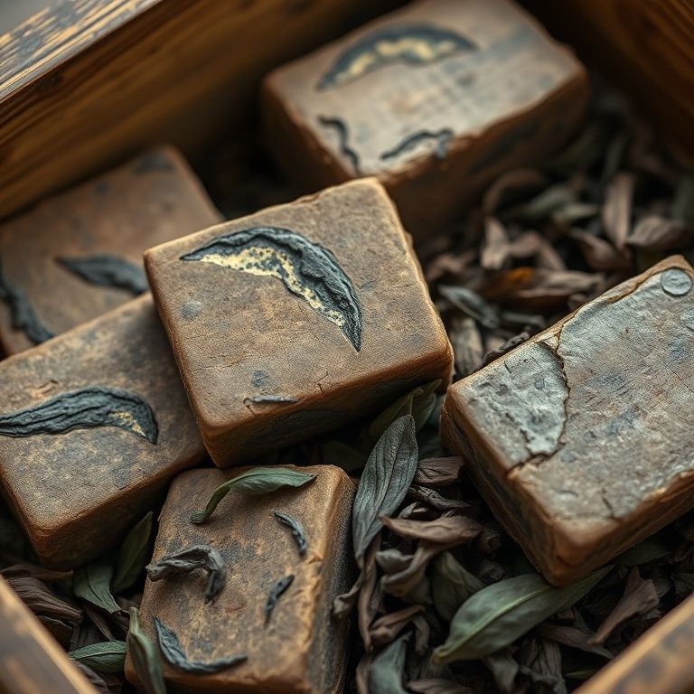 Blocos de chá Pu-erh envelhecido em caixa de madeira rústica.