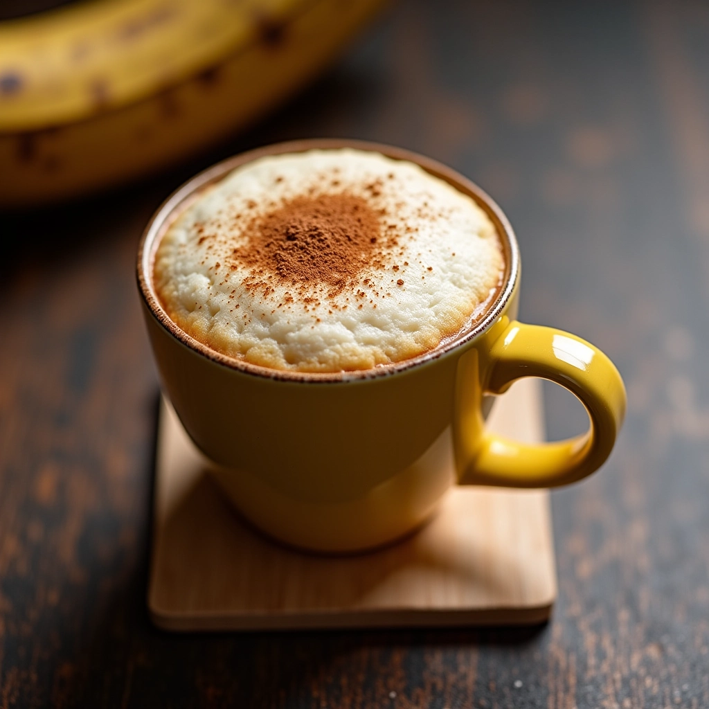 Bolo de caneca de banana com canela em descanso em porta-copos de azulejo brasileiro.