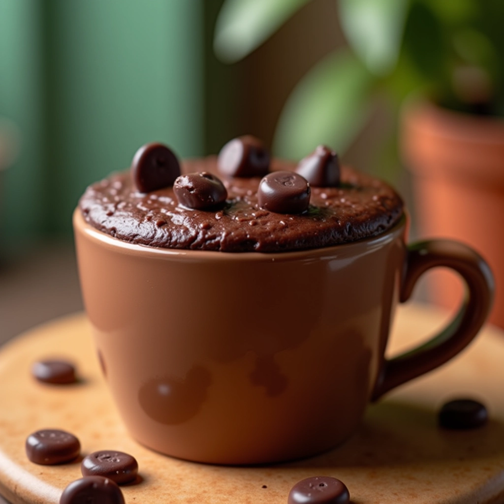 Bolo de caneca de chocolate com gotas de chocolate derretendo.
