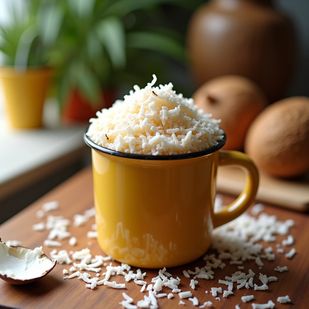 Bolo de caneca de coco cremoso com coco ralado por cima.