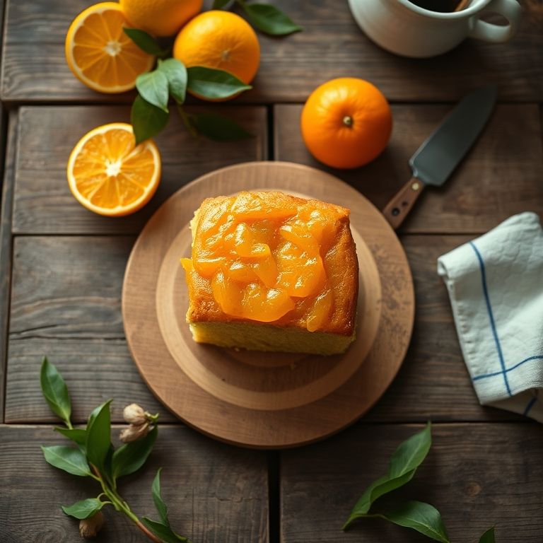 Bolo de laranja fofinho em mesa de madeira rústica.