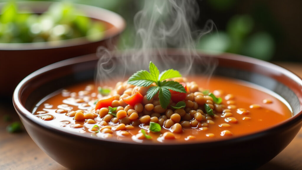 Bowl of lentil soup with visible steam, vibrant colors, natural light, 8K, professional Tigela de sopa de lentilha fumegante, rica em fibras e nutrientes.