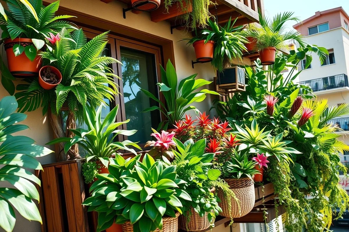 Varanda de apartamento no Brasil com jardim vertical exuberante.