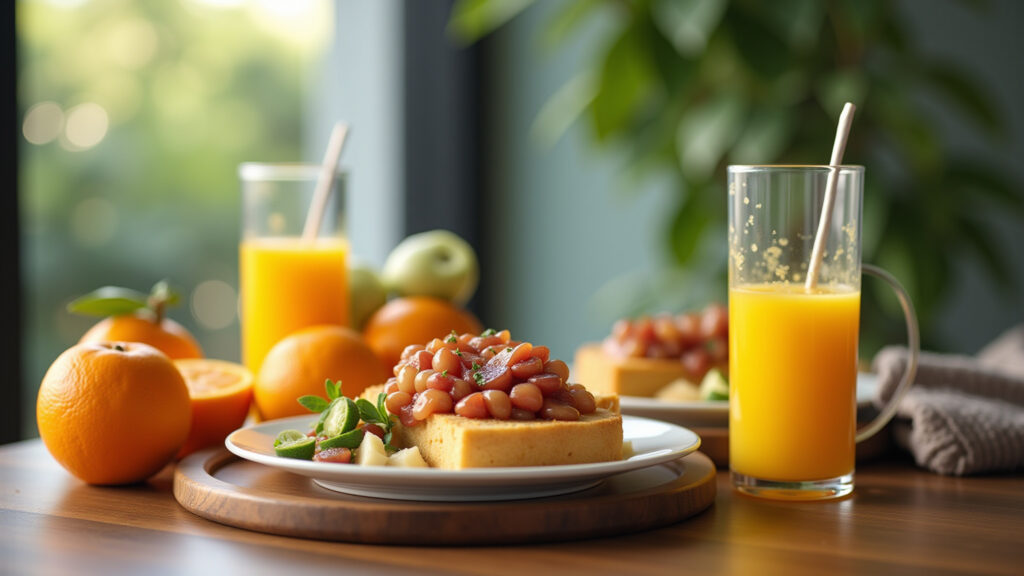 Brazilian breakfast table with orange juice, vibrant colors, healthy food. Lifestyle photography, Suco de laranja: energia para começar o dia.