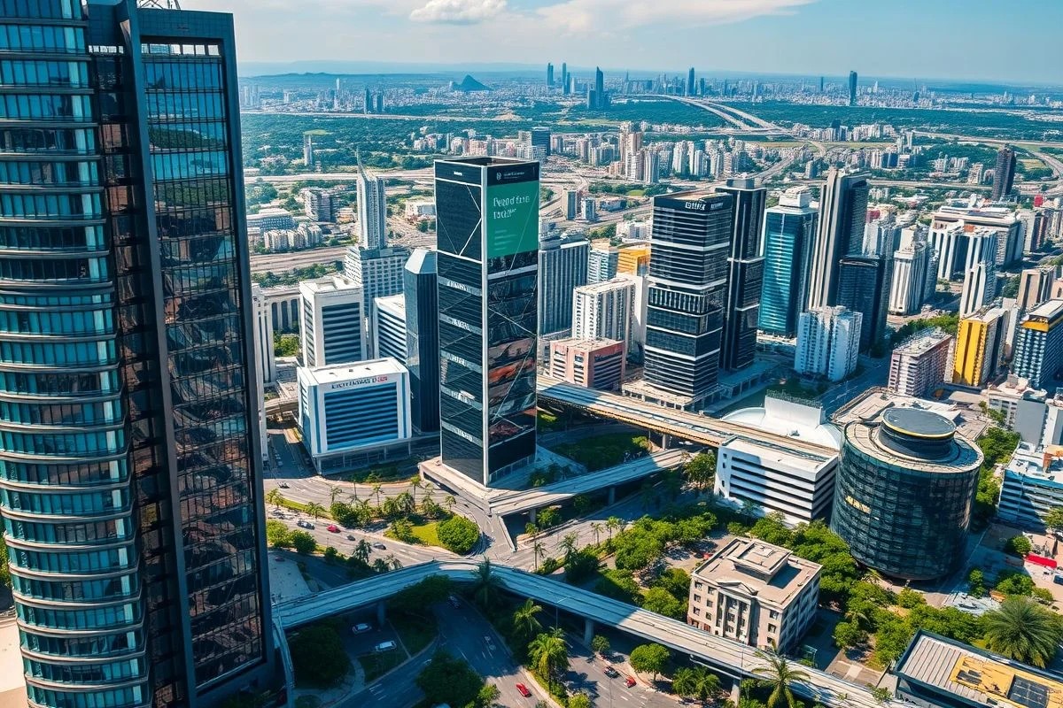 Paisagem urbana brasileira com prédios e infraestrutura financiados por impostos, incluindo o ITBI.