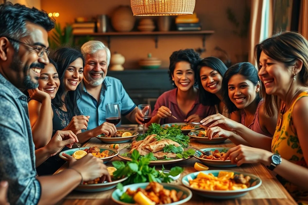 Família brasileira saboreando frango xadrez, refeição em família.