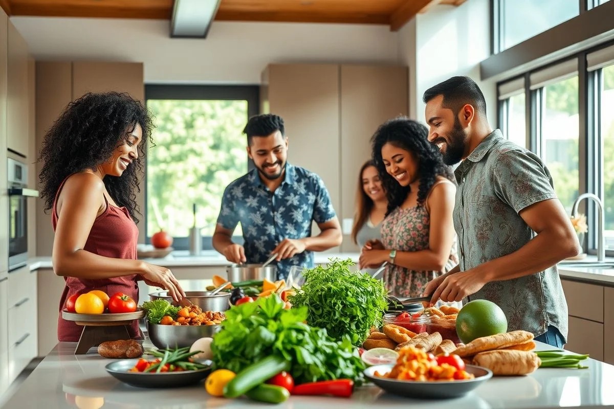 Família brasileira (etnias diversas) preparando refeição em cozinha moderna.