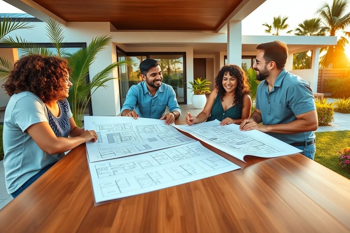 Família brasileira animada discutindo plantas de casa na varanda ensolarada.