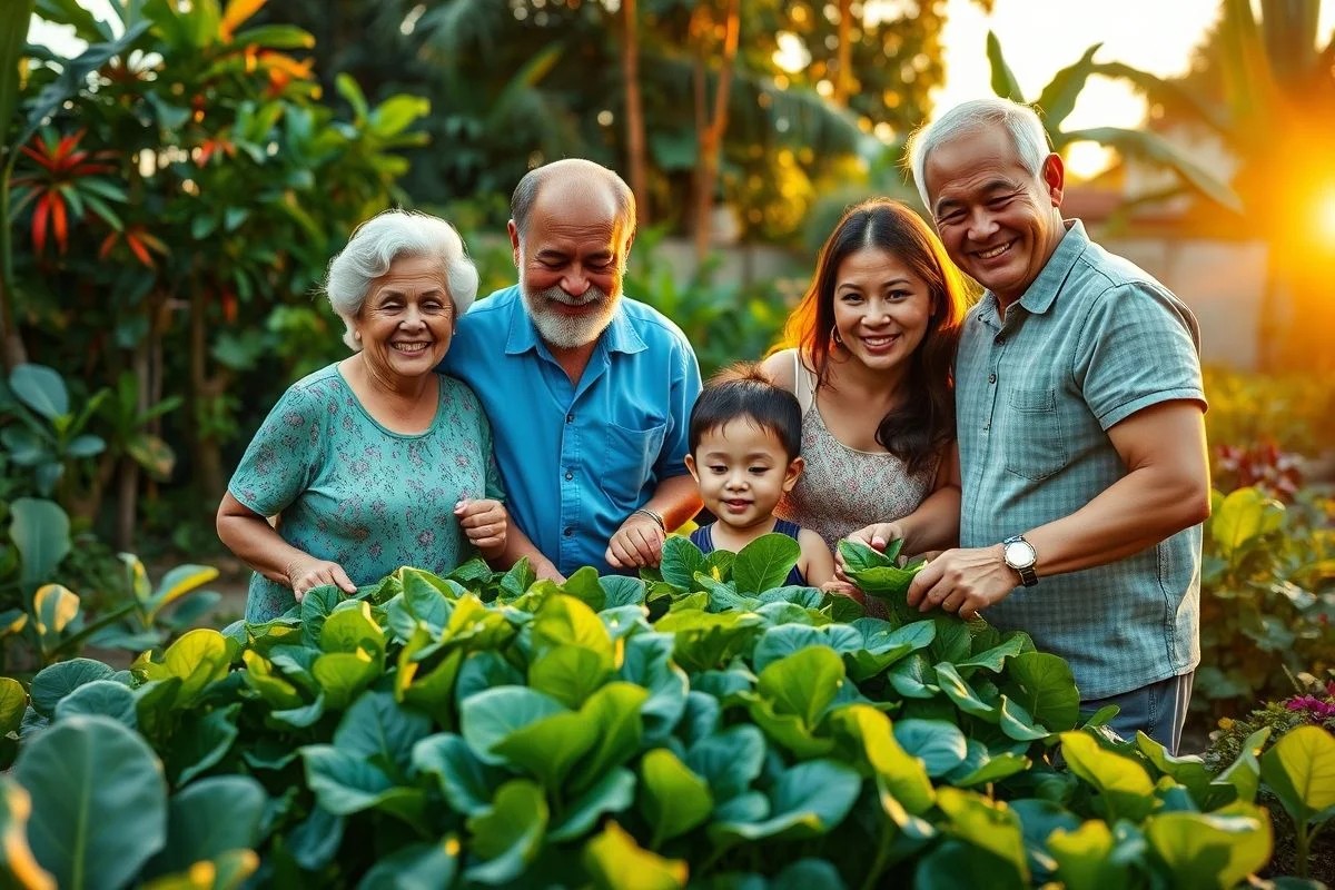 Família brasileira colhendo folhas de espinafre juntas em sua horta no quintal, com luz dourada do entardecer.