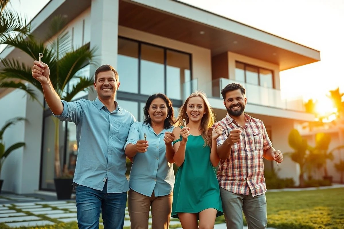 Família brasileira feliz se mudando para sua nova casa.