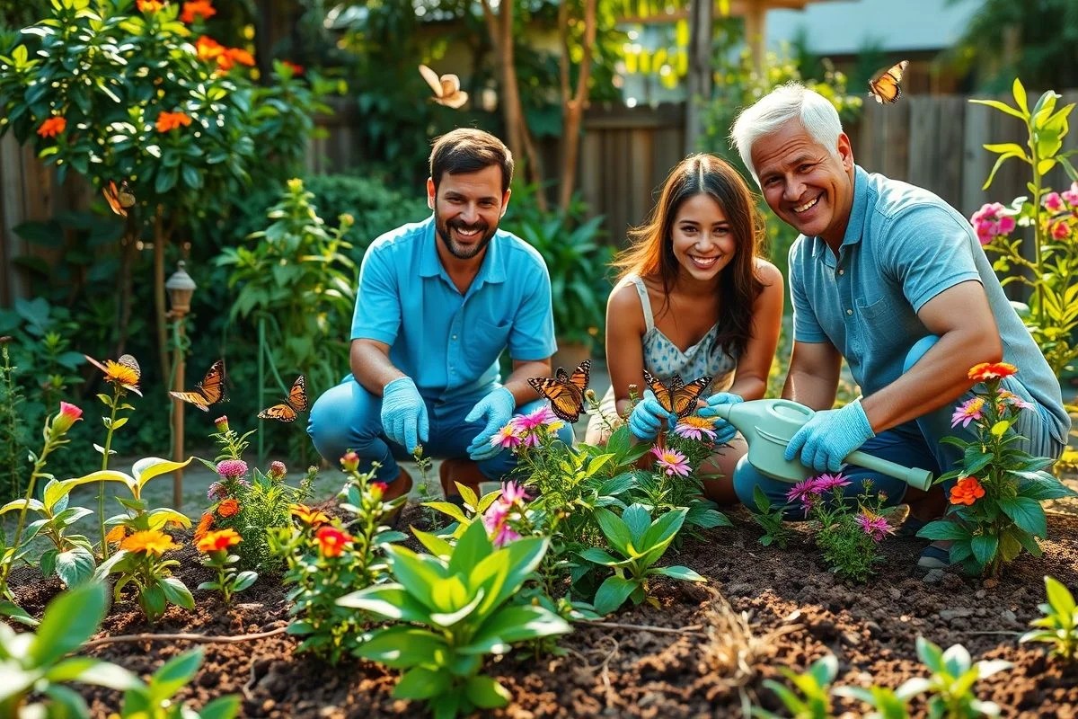Família plantando jardim de borboletas no Brasil.