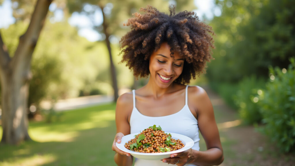 Brazilian woman enjoying a balanced lentil salad, outdoor setting, natural light, healthy Mulher saboreando salada de lentilha.