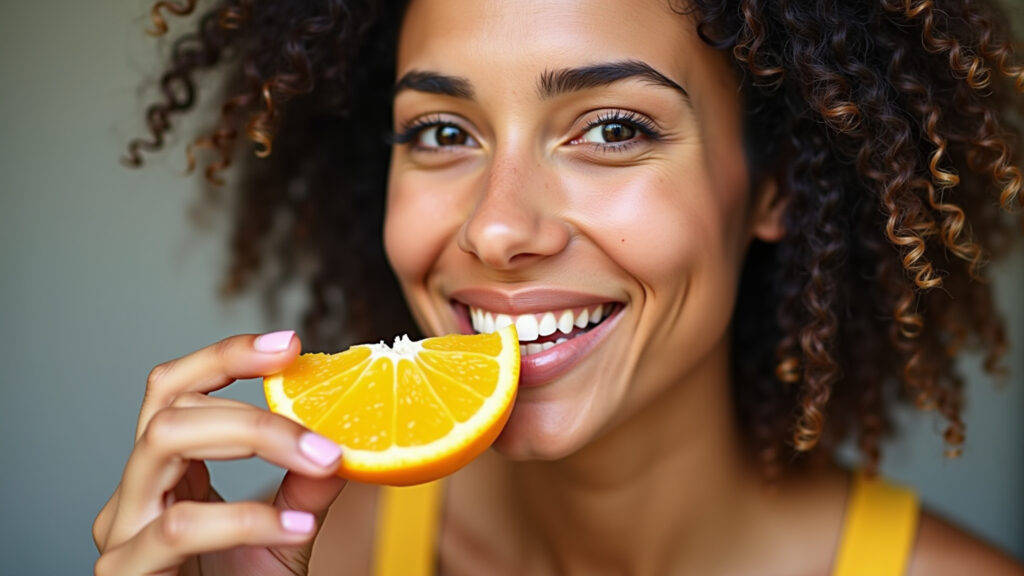 Brazilian woman enjoying a slice of orange, smiling, healthy lifestyle. Lifestyle photography, 8K Laranja: aliada do emagrecimento saudável.