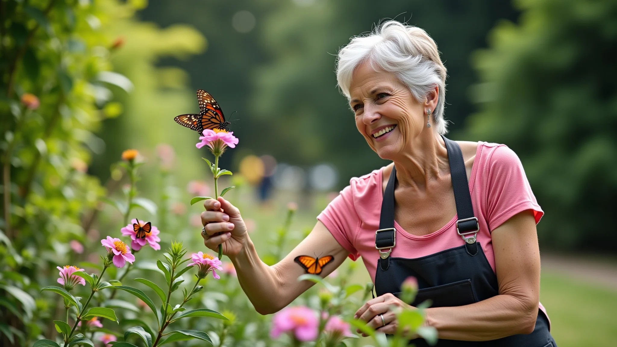 Mulher brasileira plantando Buddleja em seu jardim, atraindo borboletas.