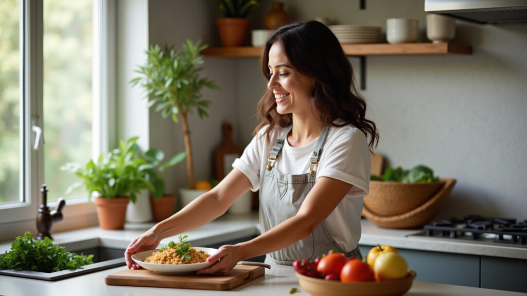 Brazilian woman preparing lentil risotto in a modern kitchen, Farm Rio style decor, natural light, Mulher brasileira preparando risoto de lentilha em cozinha moderna.